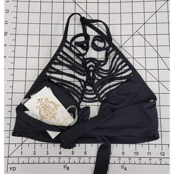 NWT Becca S Electric Current High Neck Macramé Halter Bikini Top Black #86746 - Picture 2 of 3